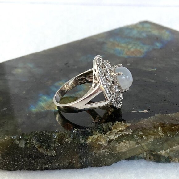 Sterling Silver 925 CFJ Round Moonstone Cabochon Oval Scrollwork Ring Sz 7.75 - Picture 4 of 16